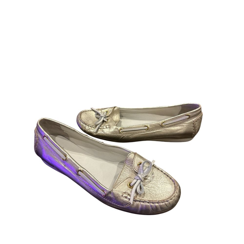 Cole Haan Tali Metallic Gold Boat Shoe Bow Leather Flats Women's Size 10 B - Picture 8 of 11